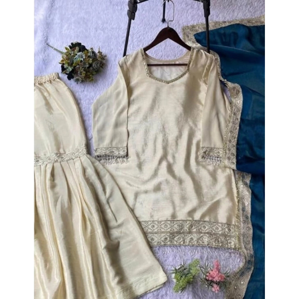 Women's Cream & Teal Silk Embroidered Kurti with Sharara & Dupatta Set