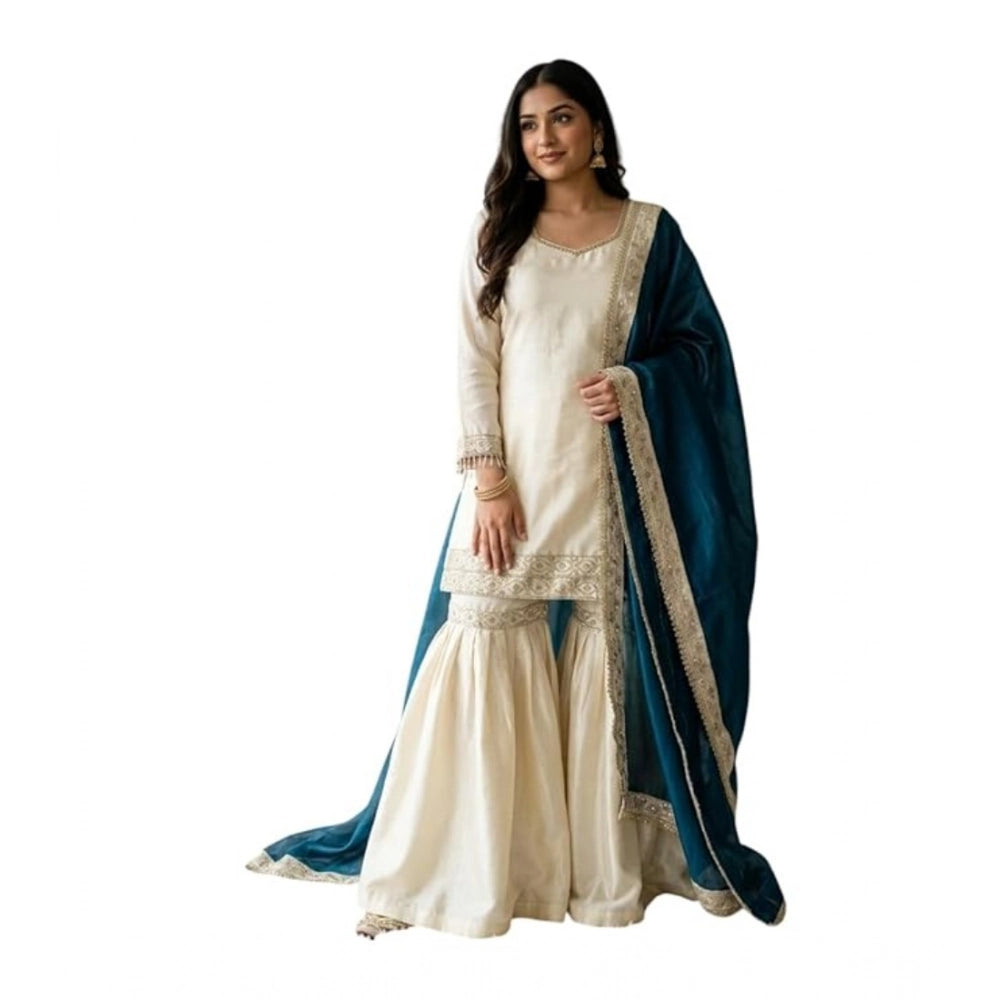 Women's Cream & Teal Silk Embroidered Kurti with Sharara & Dupatta Set