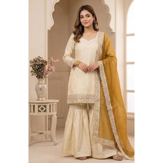 Women's Cream & Yellow Silk Embroidered Kurti with Sharara & Dupatta Set