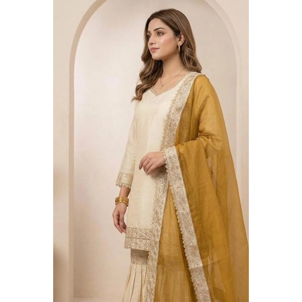Women's Cream & Yellow Silk Embroidered Kurti with Sharara & Dupatta Set
