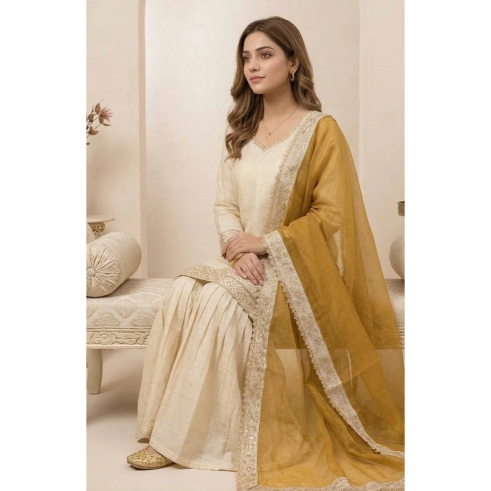 Women's Cream & Yellow Silk Embroidered Kurti with Sharara & Dupatta Set