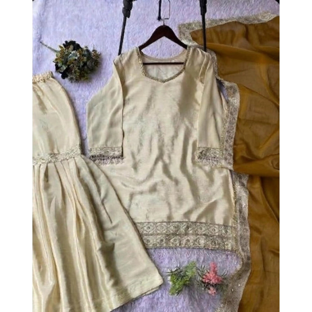 Women's Cream & Yellow Silk Embroidered Kurti with Sharara & Dupatta Set
