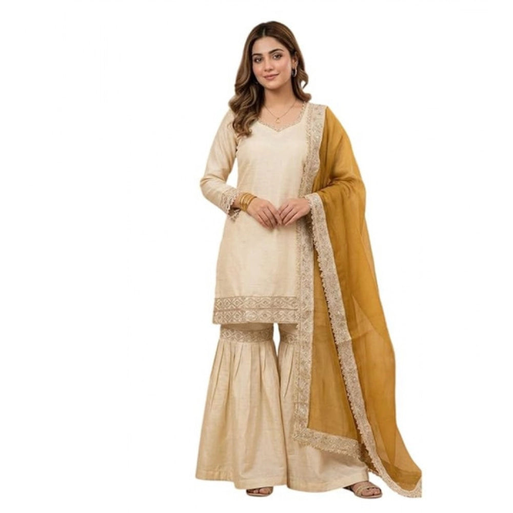 Women's Cream & Yellow Silk Embroidered Kurti with Sharara & Dupatta Set