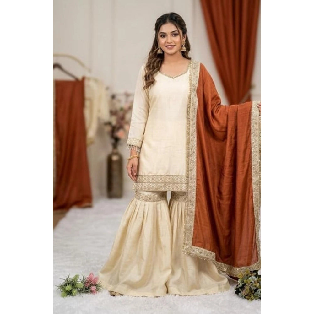 Women's Cream & Orange Silk Embroidered Kurti with Sharara & Dupatta Set