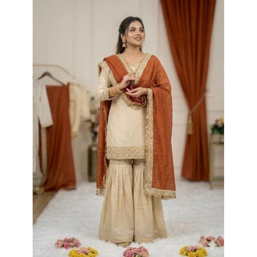 Women's Cream & Orange Silk Embroidered Kurti with Sharara & Dupatta Set