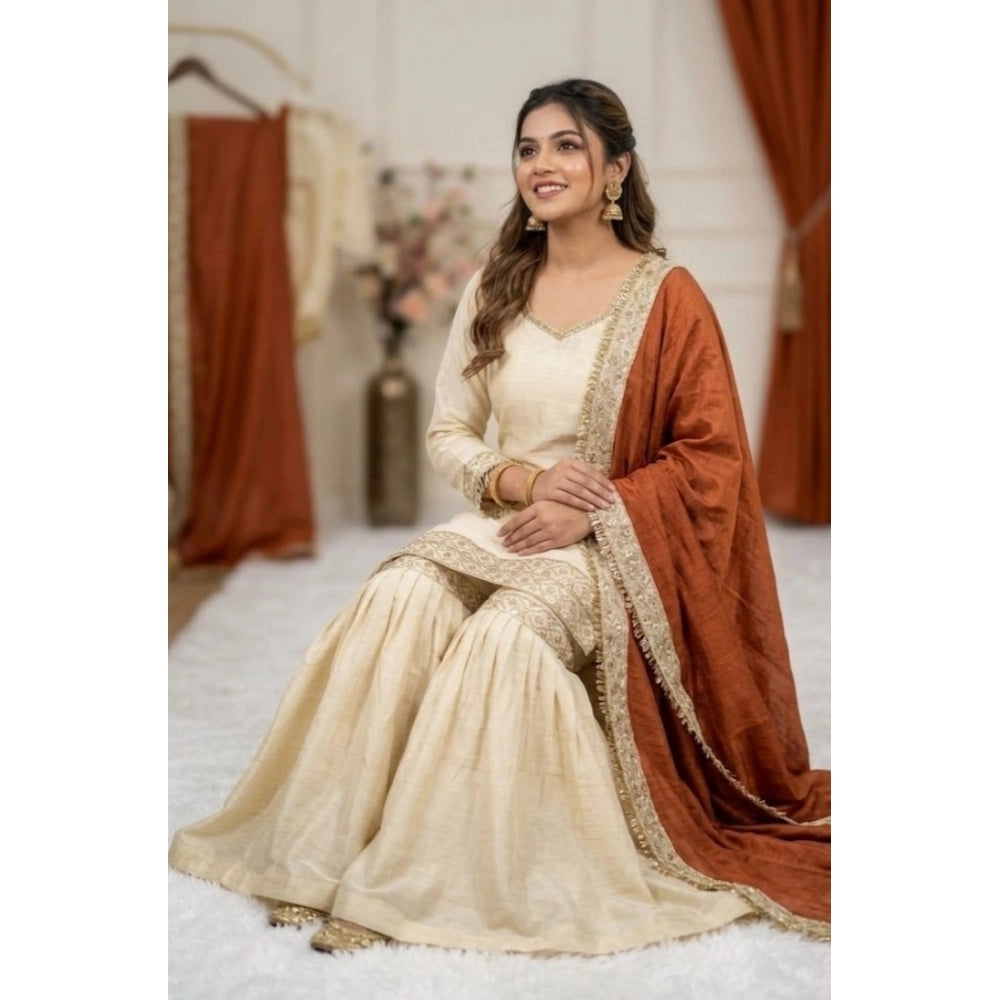 Women's Cream & Orange Silk Embroidered Kurti with Sharara & Dupatta Set
