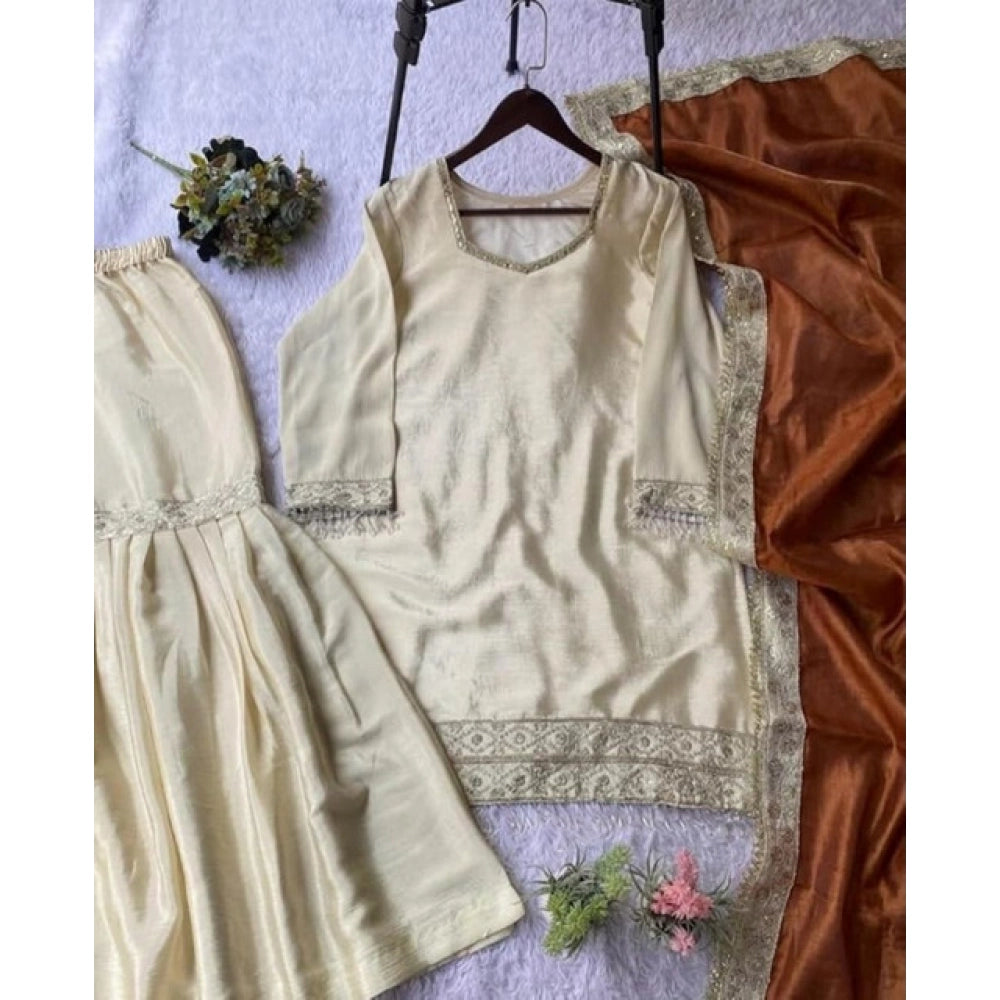 Women's Cream & Orange Silk Embroidered Kurti with Sharara & Dupatta Set