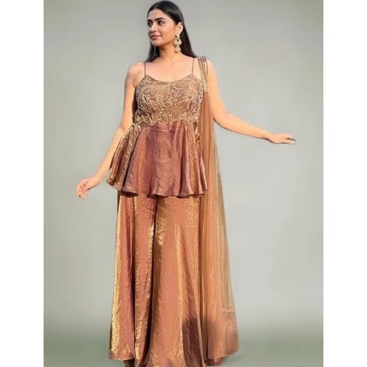 Women's Purple Silk Embroidered Kurti with Sharara & Dupatta Set