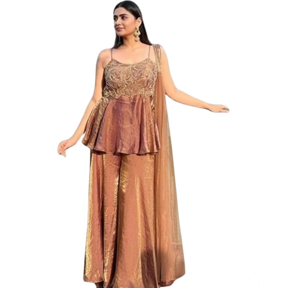 Women's Purple Silk Embroidered Kurti with Sharara & Dupatta Set