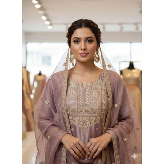 Women's Purple Silk Embroidered Kurti with Sharara & Dupatta Set