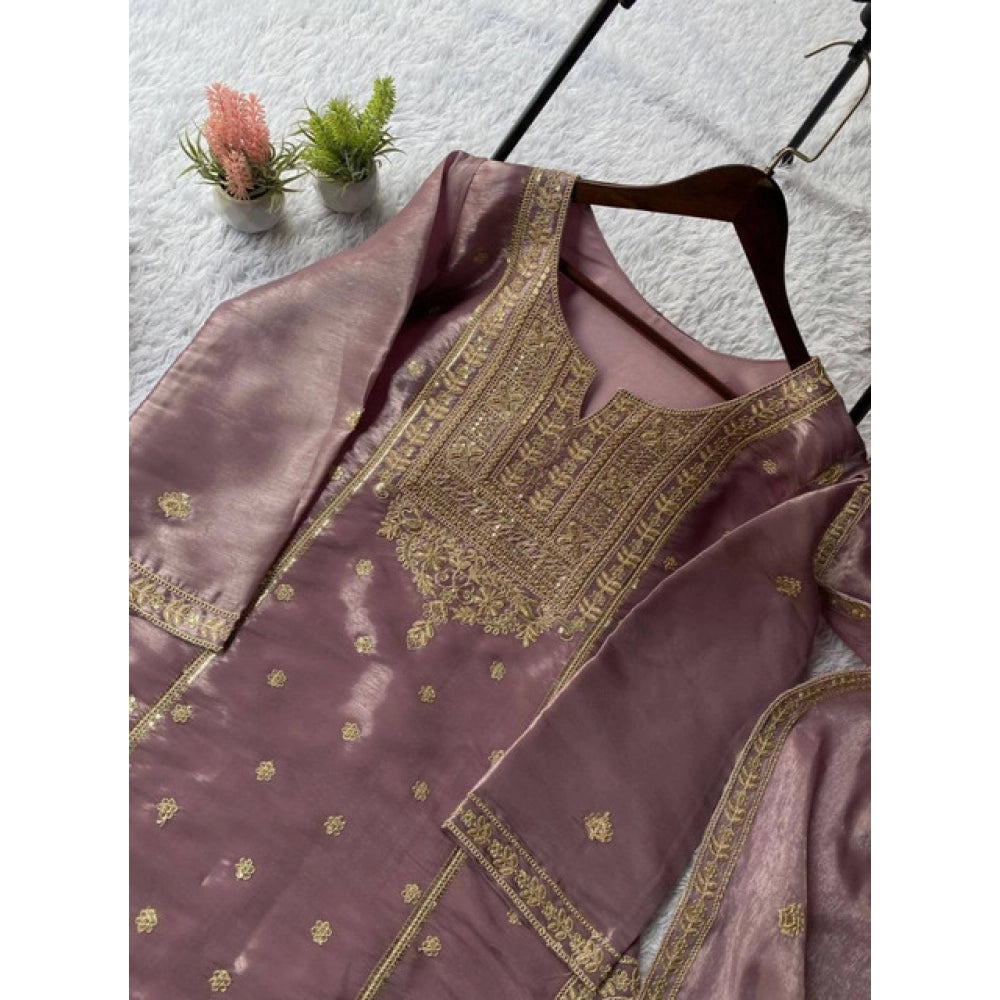 Women's Purple Silk Embroidered Kurti with Sharara & Dupatta Set