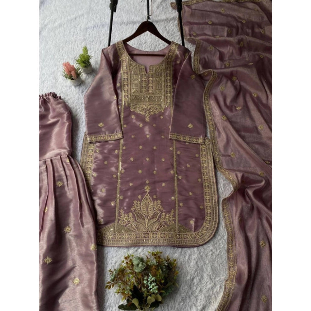 Women's Purple Silk Embroidered Kurti with Sharara & Dupatta Set