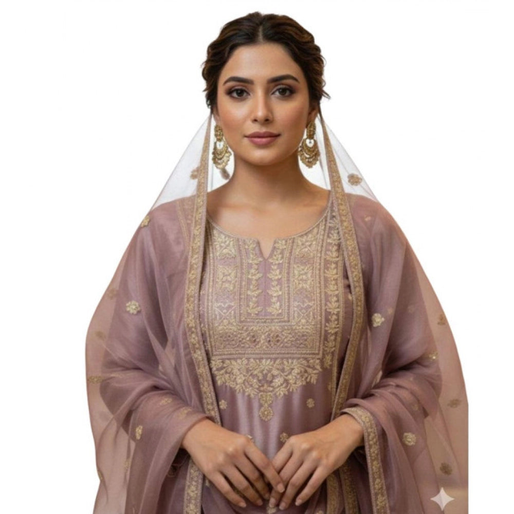 Women's Purple Silk Embroidered Kurti with Sharara & Dupatta Set