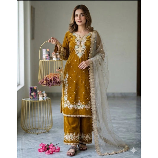 Women's Gold Silk Embroidered Kurti with Palazzo & Dupatta Set