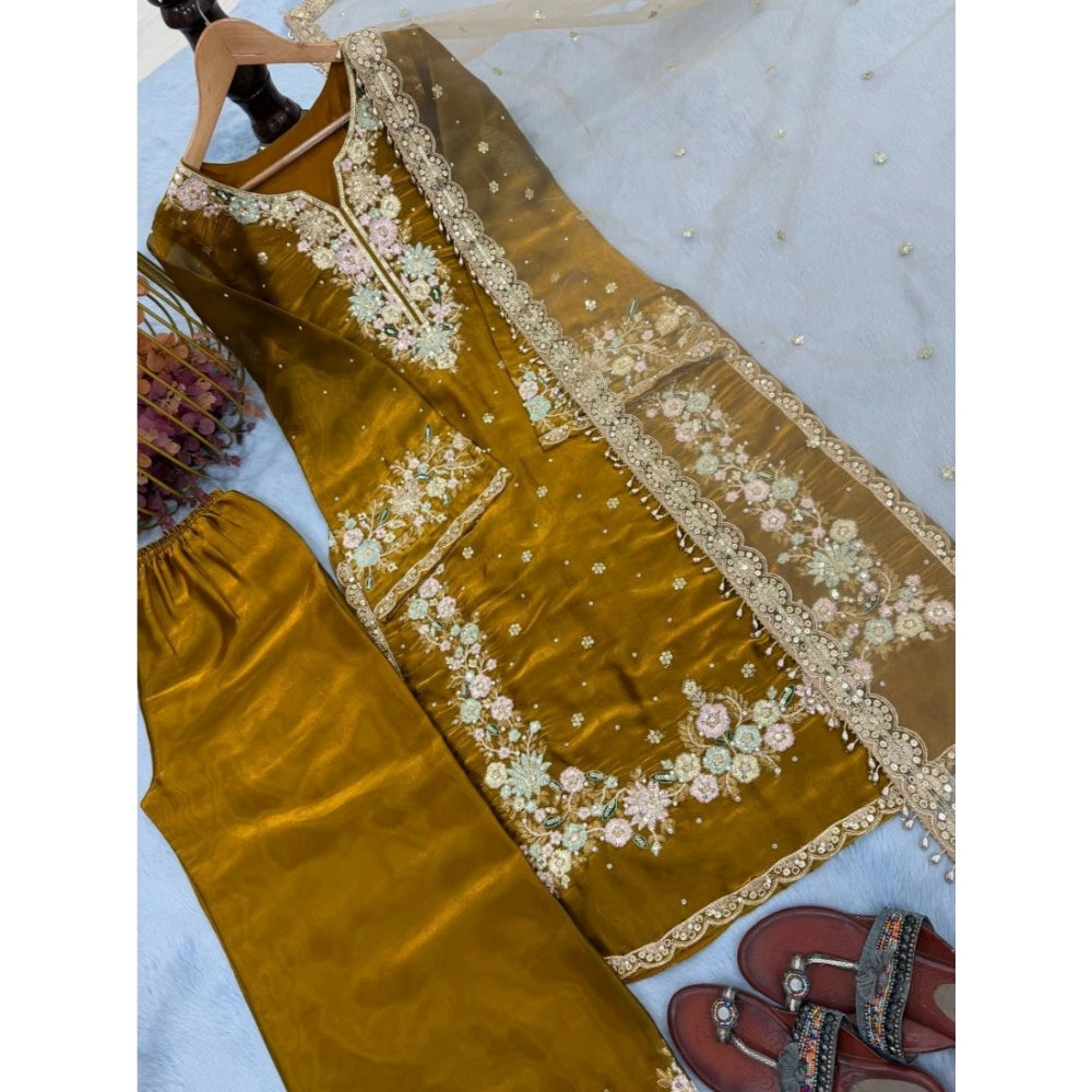 Women's Gold Silk Embroidered Kurti with Palazzo & Dupatta Set