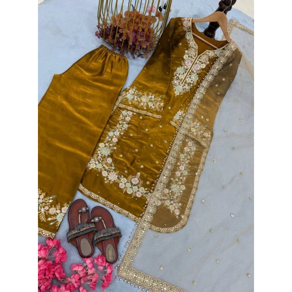 Women's Gold Silk Embroidered Kurti with Palazzo & Dupatta Set