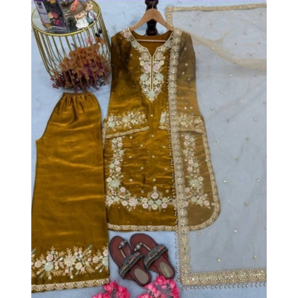 Women's Gold Silk Embroidered Kurti with Palazzo & Dupatta Set