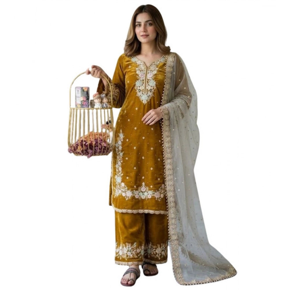 Women's Gold Silk Embroidered Kurti with Palazzo & Dupatta Set