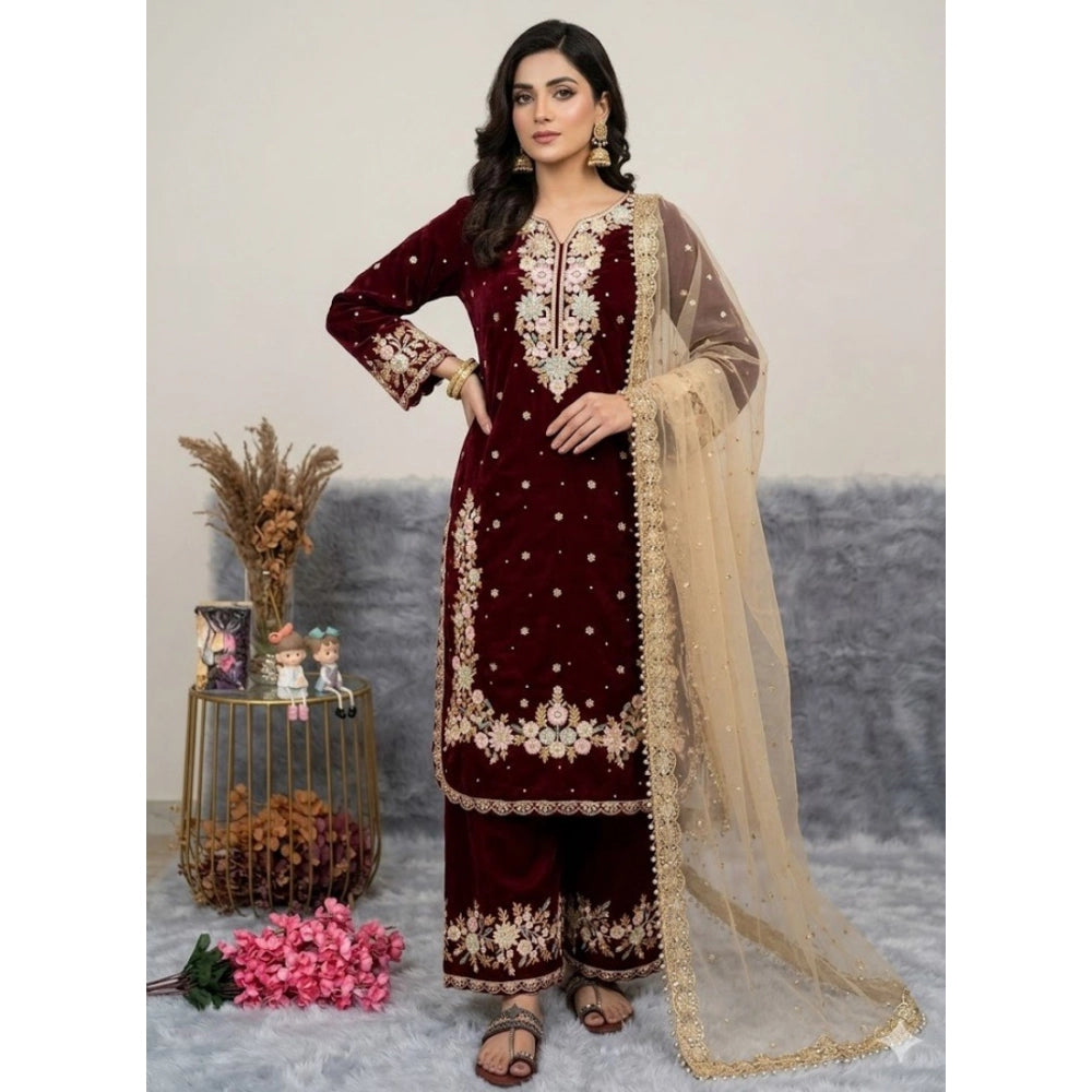 Women's Maroon Silk Embroidered Kurti with Palazzo & Dupatta Set