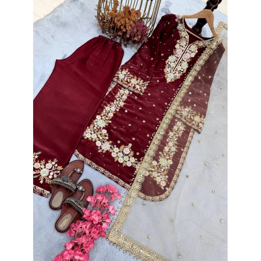 Women's Maroon Silk Embroidered Kurti with Palazzo & Dupatta Set