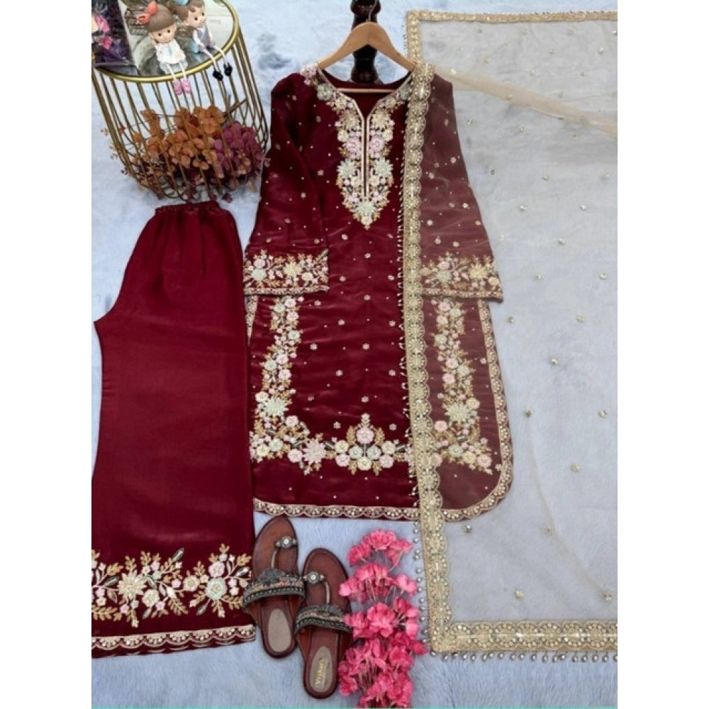 Women's Maroon Silk Embroidered Kurti with Palazzo & Dupatta Set