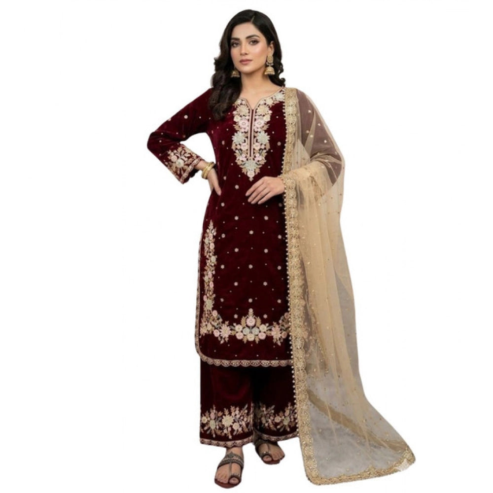 Women's Maroon Silk Embroidered Kurti with Palazzo & Dupatta Set