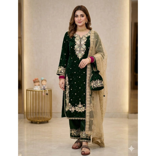 Women's Dark Green Silk Embroidered Kurti with Palazzo & Dupatta Set