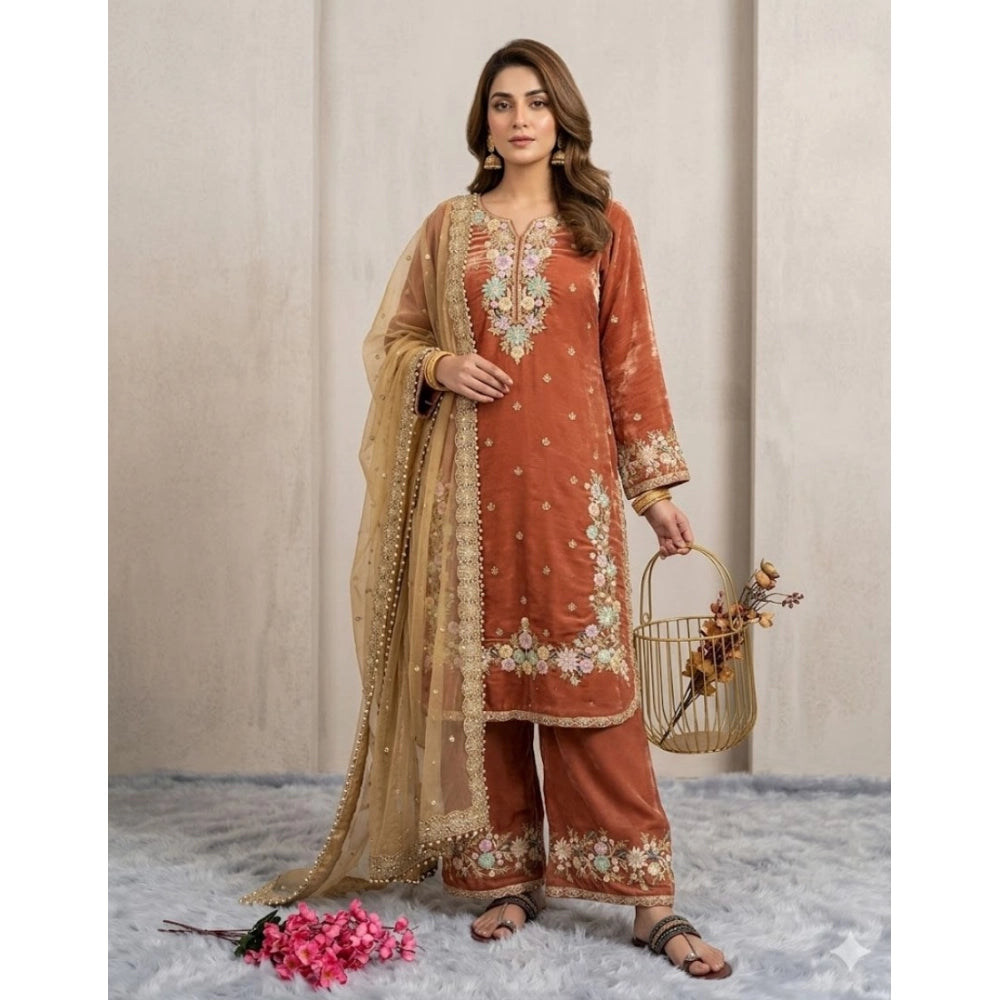 Women's Orange Silk Embroidered Kurti with Palazzo & Dupatta Set