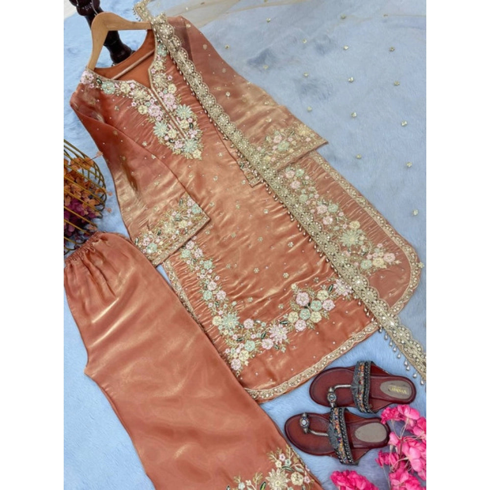 Women's Orange Silk Embroidered Kurti with Palazzo & Dupatta Set