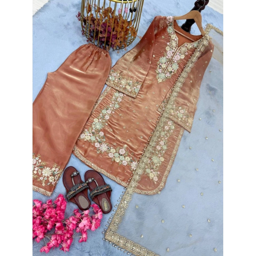 Women's Orange Silk Embroidered Kurti with Palazzo & Dupatta Set