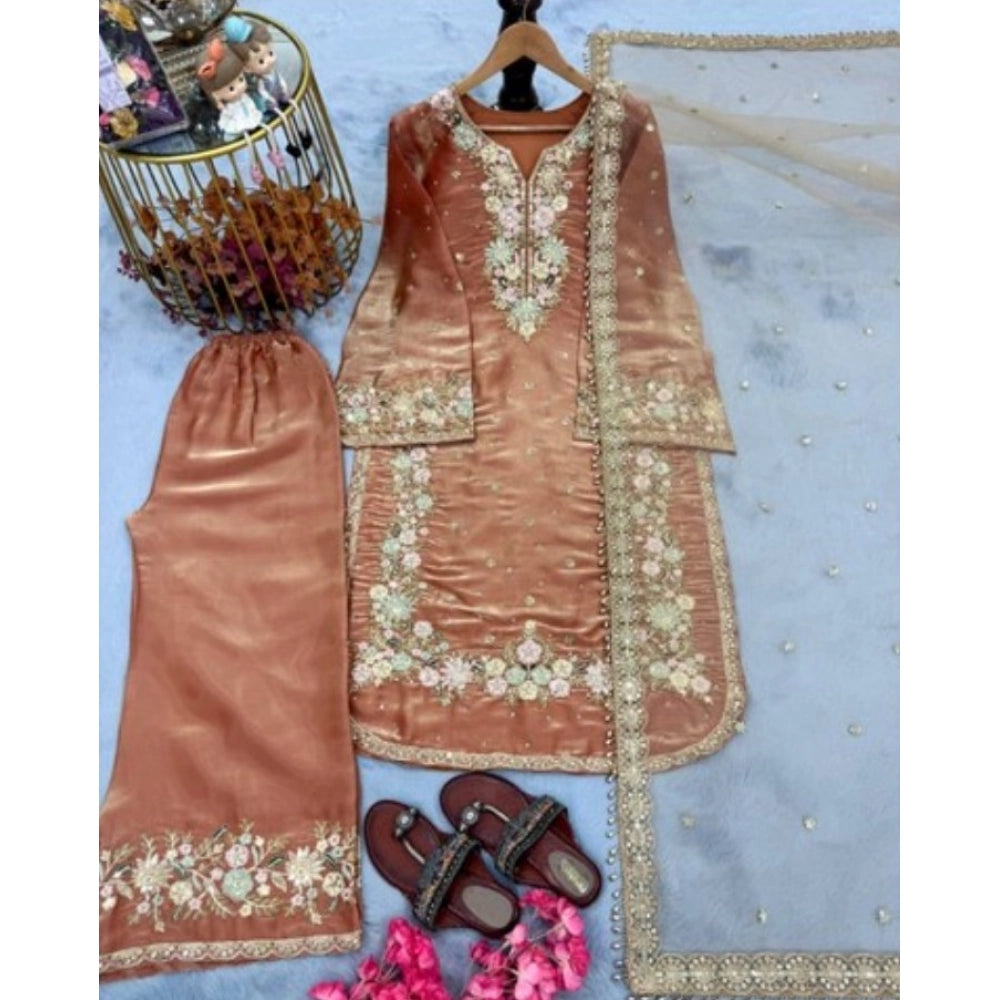 Women's Orange Silk Embroidered Kurti with Palazzo & Dupatta Set