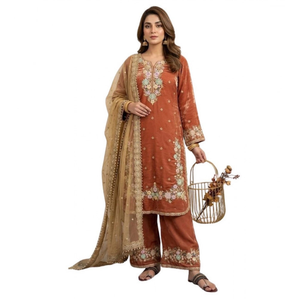 Women's Orange Silk Embroidered Kurti with Palazzo & Dupatta Set