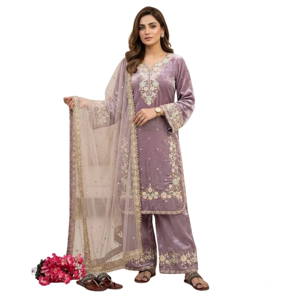 Women's Lavender Silk Embroidered Kurti with Palazzo & Dupatta Set
