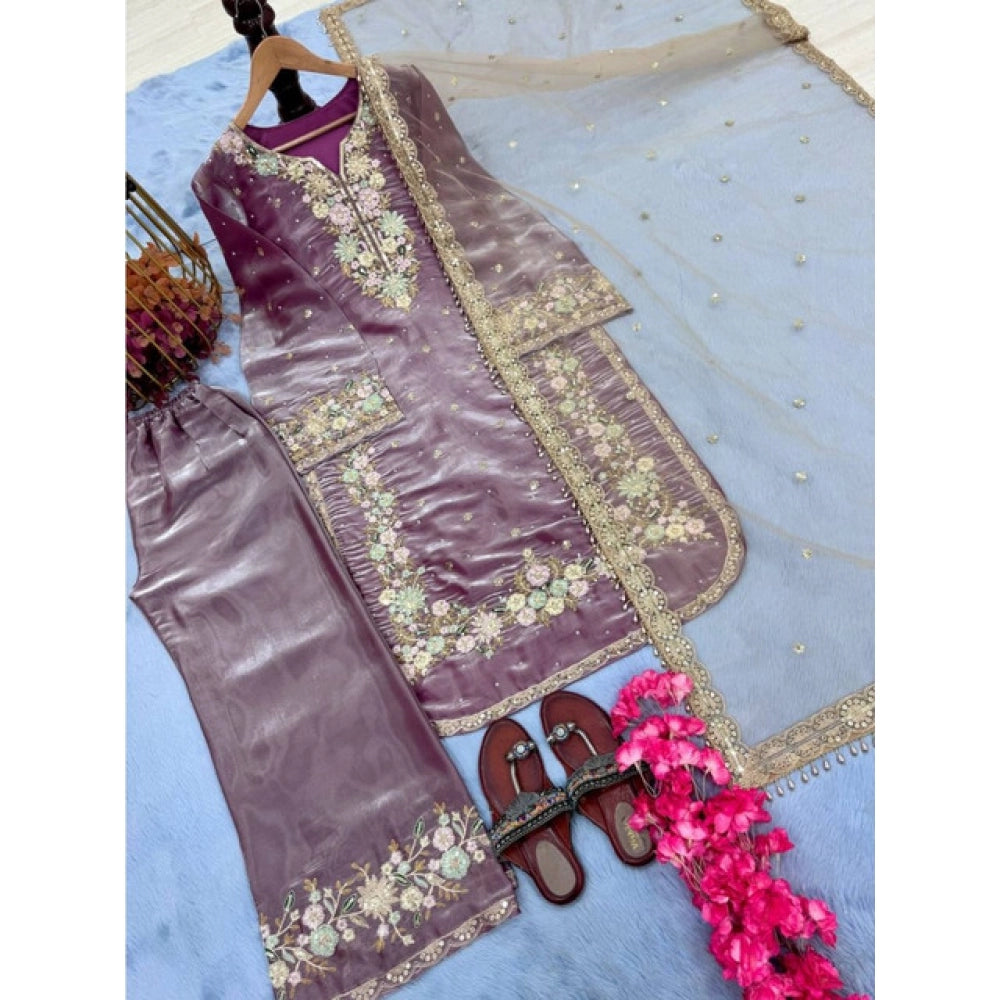 Women's Lavender Silk Embroidered Kurti with Palazzo & Dupatta Set