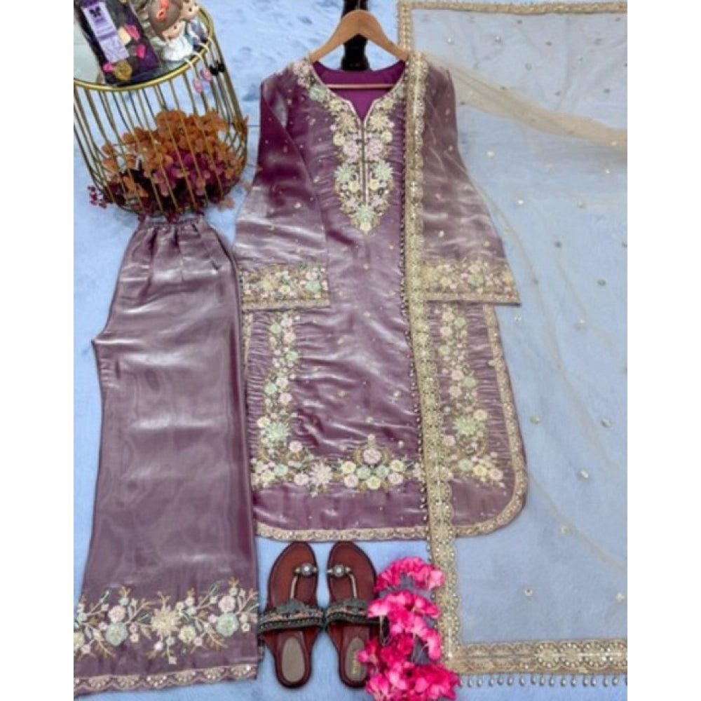 Women's Lavender Silk Embroidered Kurti with Palazzo & Dupatta Set