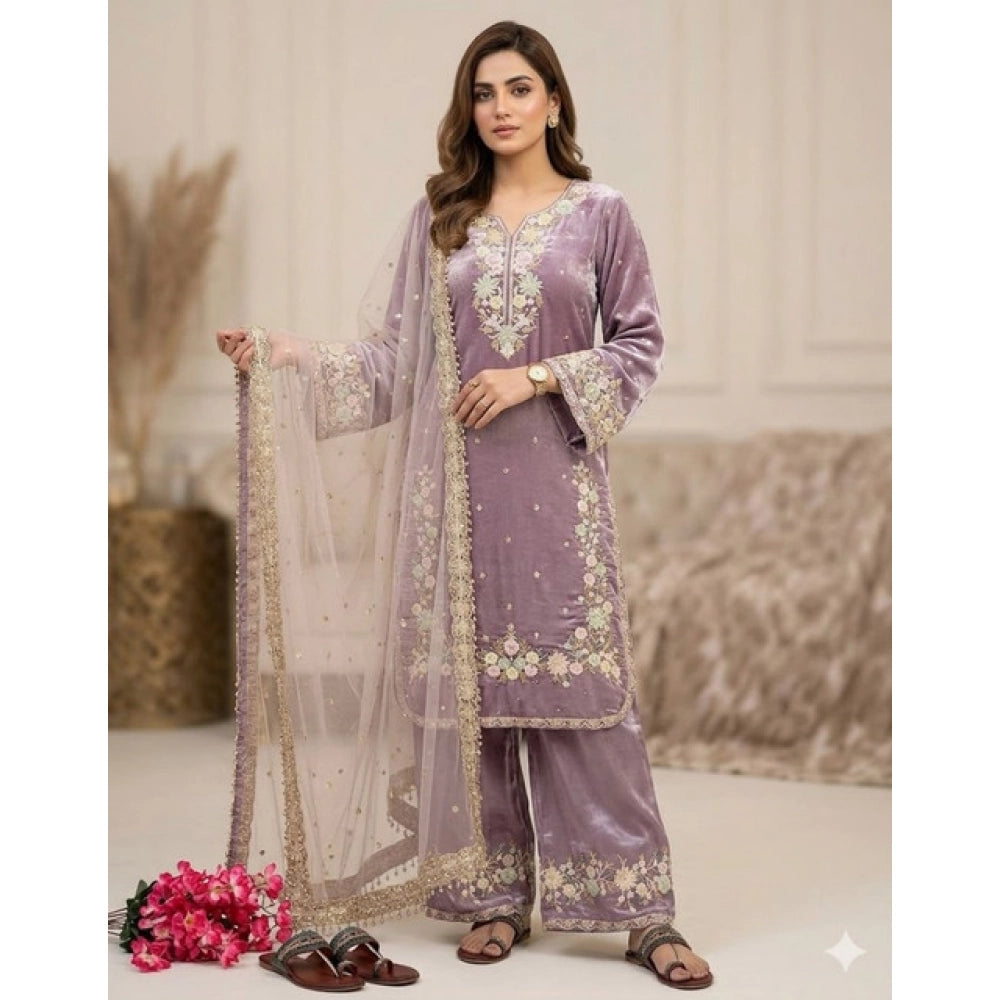 Women's Lavender Silk Embroidered Kurti with Palazzo & Dupatta Set