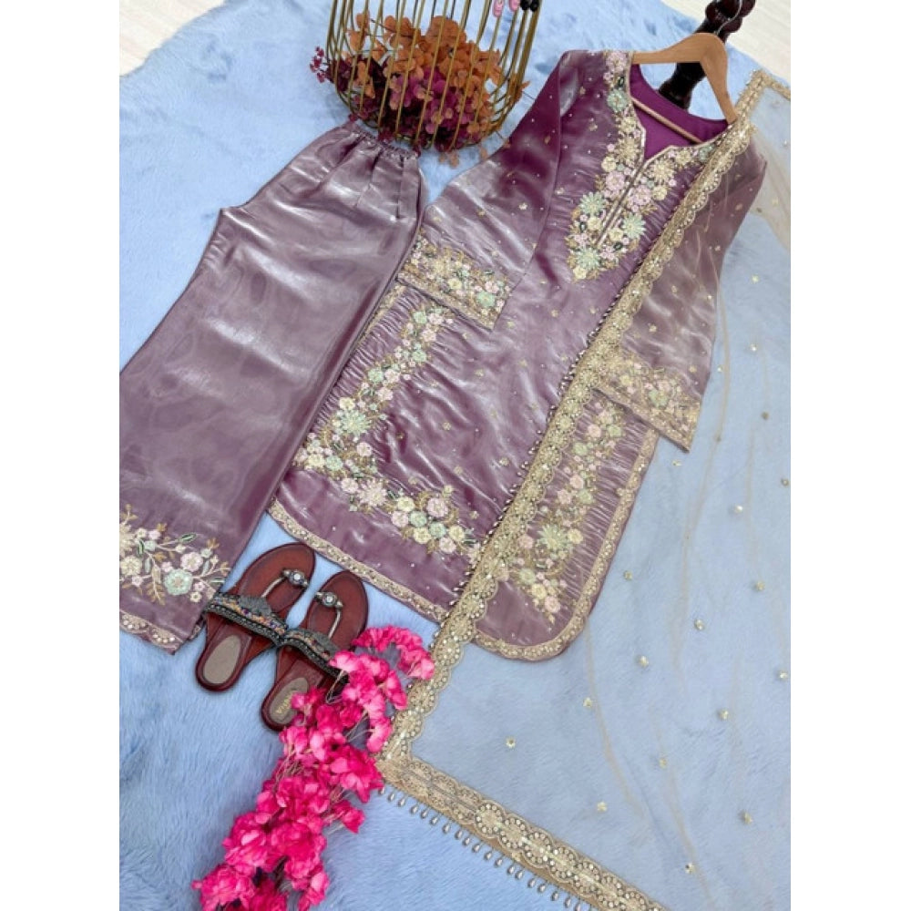Women's Lavender Silk Embroidered Kurti with Palazzo & Dupatta Set