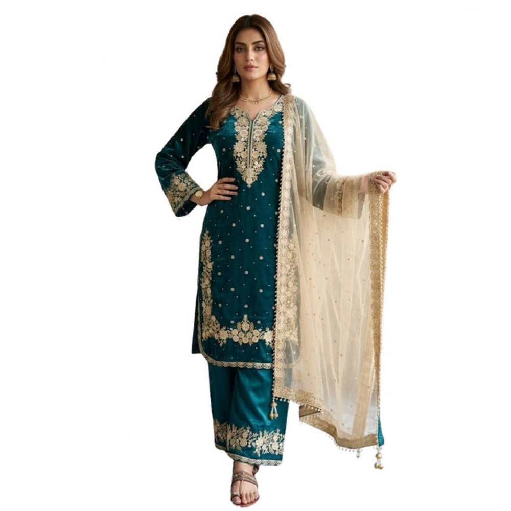 Women's Teal Silk Embroidered Kurti with Palazzo & Dupatta Set