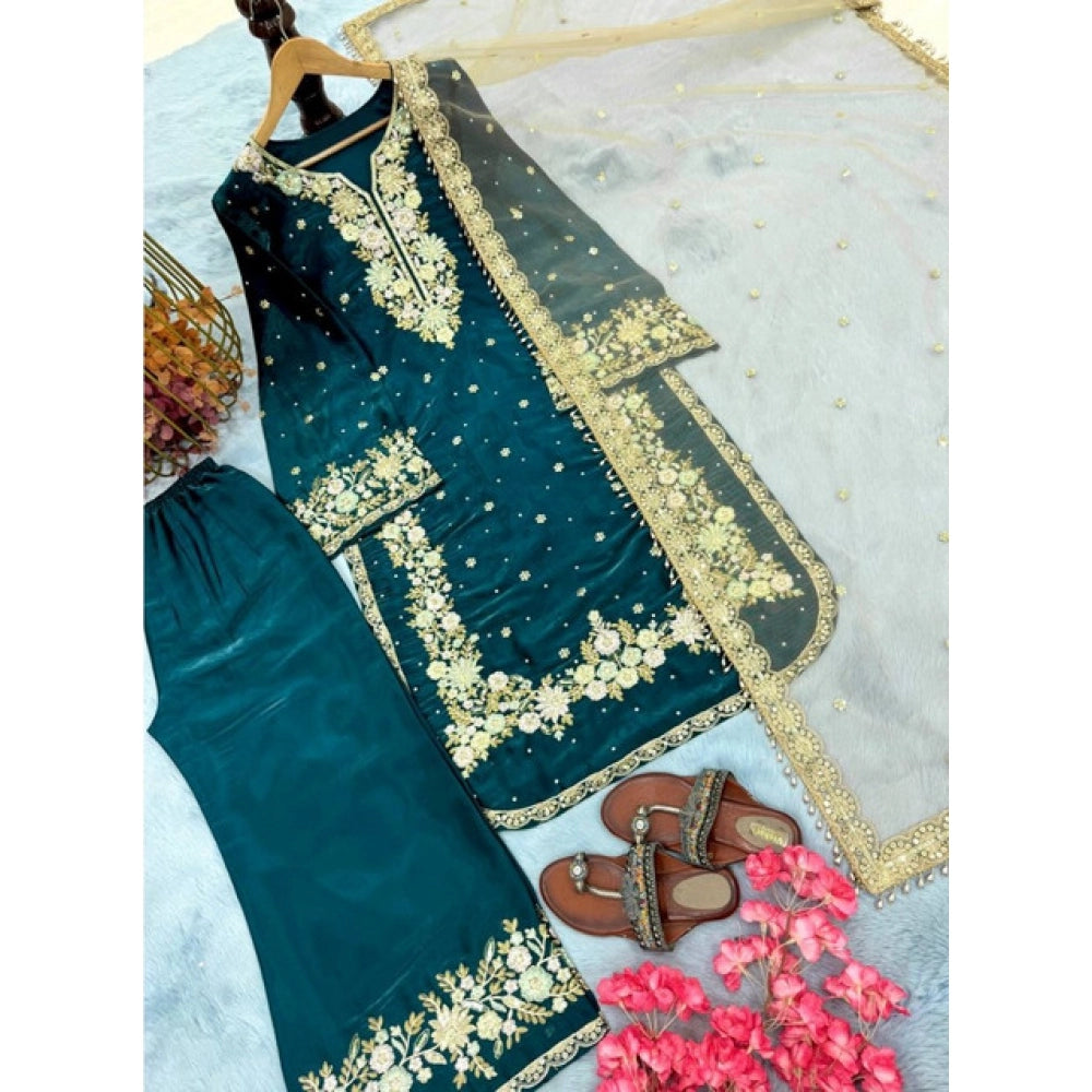 Women's Teal Silk Embroidered Kurti with Palazzo & Dupatta Set