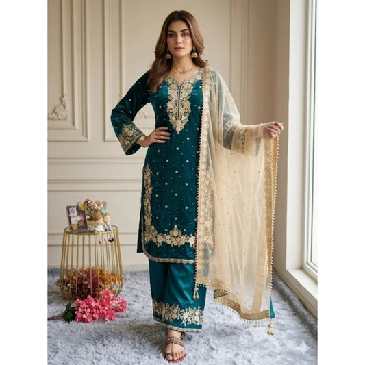 Women's Teal Silk Embroidered Kurti with Palazzo & Dupatta Set