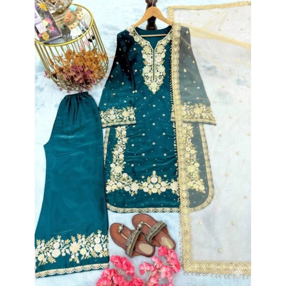 Women's Teal Silk Embroidered Kurti with Palazzo & Dupatta Set