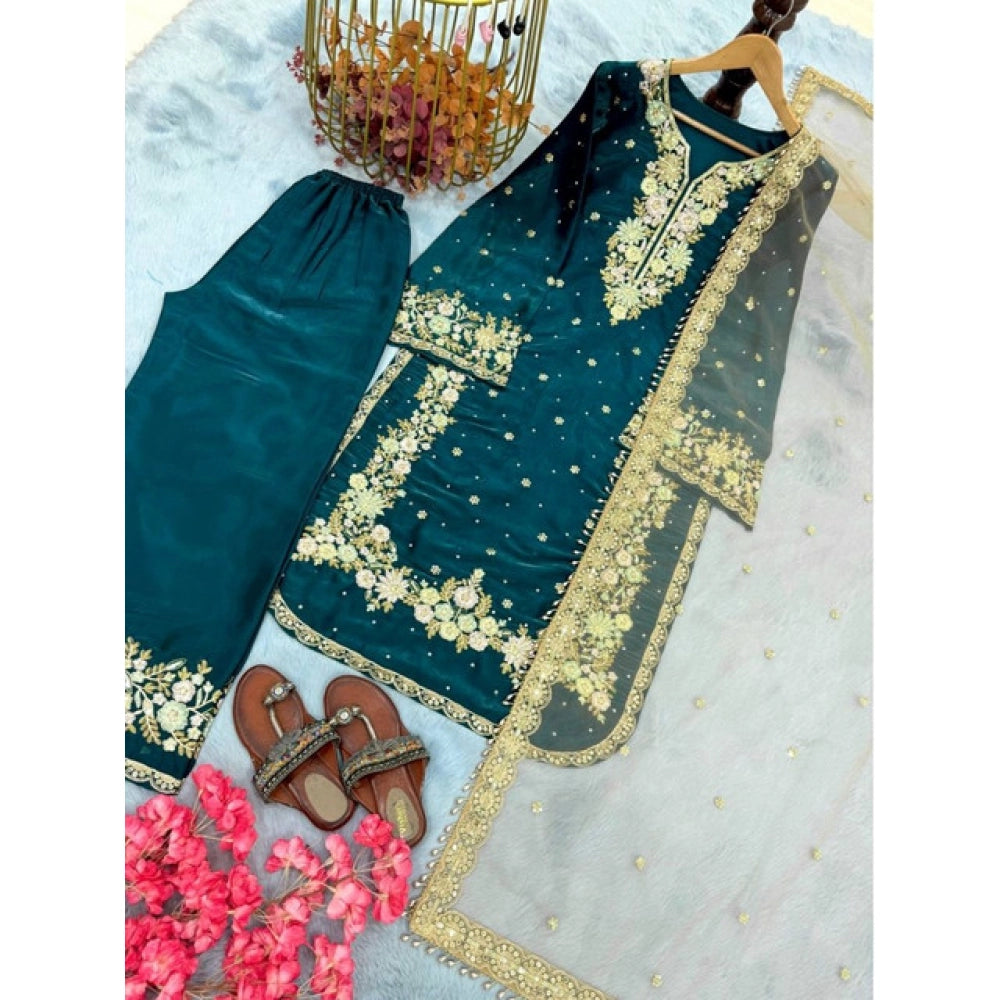 Women's Teal Silk Embroidered Kurti with Palazzo & Dupatta Set