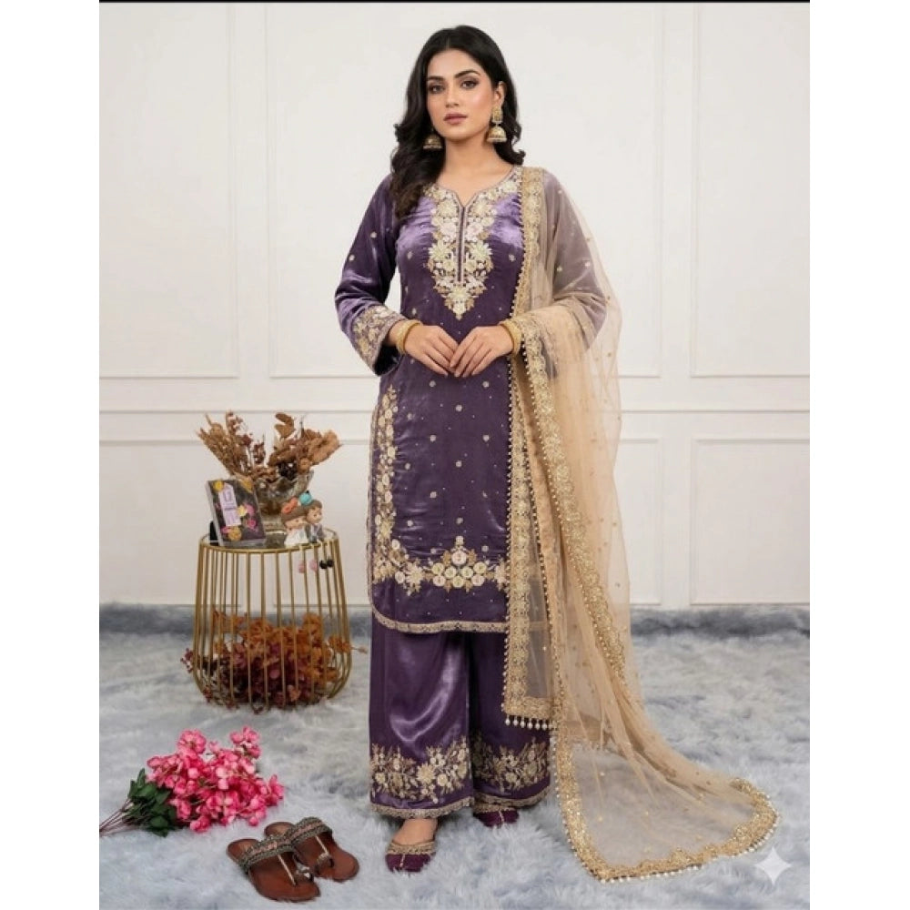 Women's Purple Silk Embroidered Kurti with Palazzo & Dupatta Set