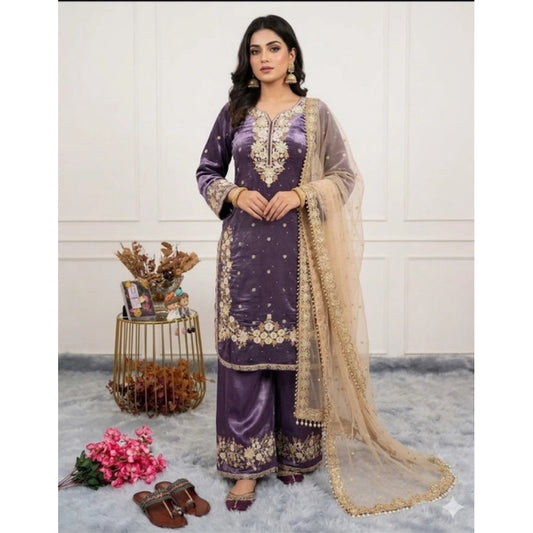 Women's Purple Silk Embroidered Kurti with Palazzo & Dupatta Set