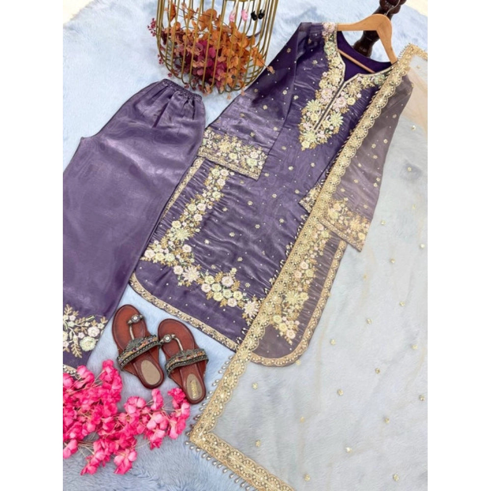 Women's Purple Silk Embroidered Kurti with Palazzo & Dupatta Set