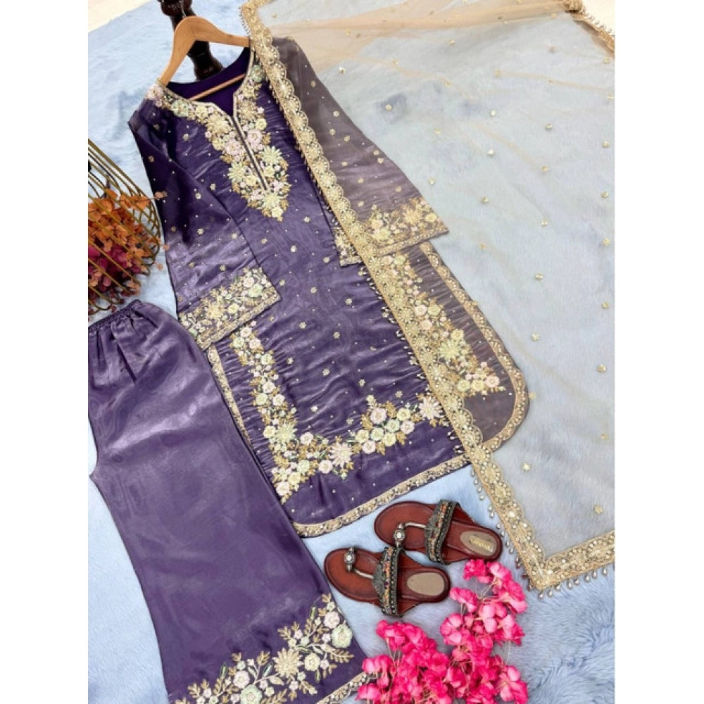 Women's Purple Silk Embroidered Kurti with Palazzo & Dupatta Set