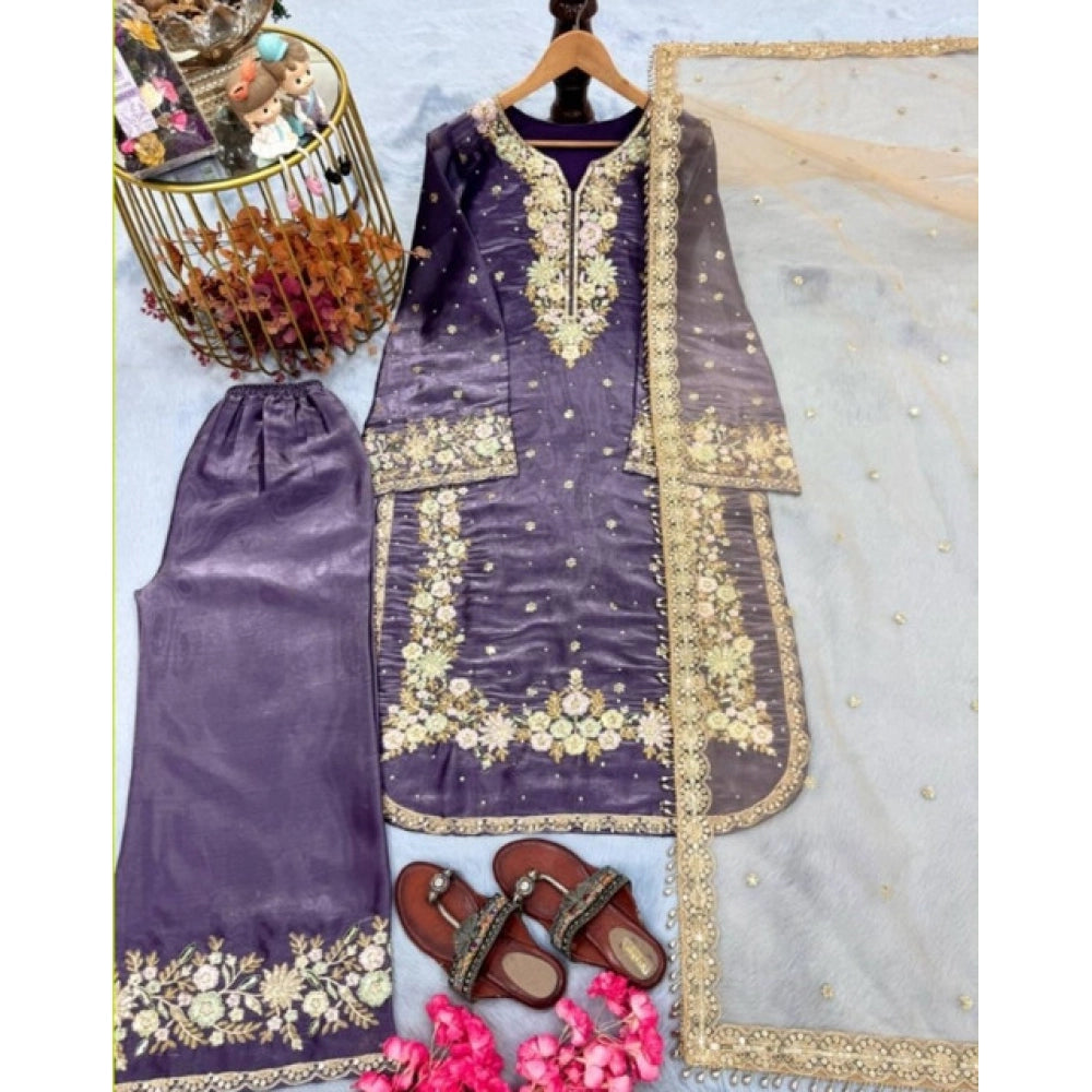 Women's Purple Silk Embroidered Kurti with Palazzo & Dupatta Set