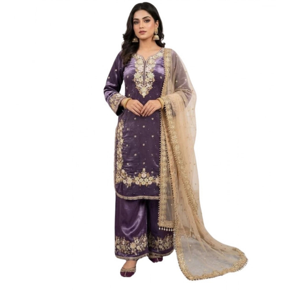 Women's Purple Silk Embroidered Kurti with Palazzo & Dupatta Set