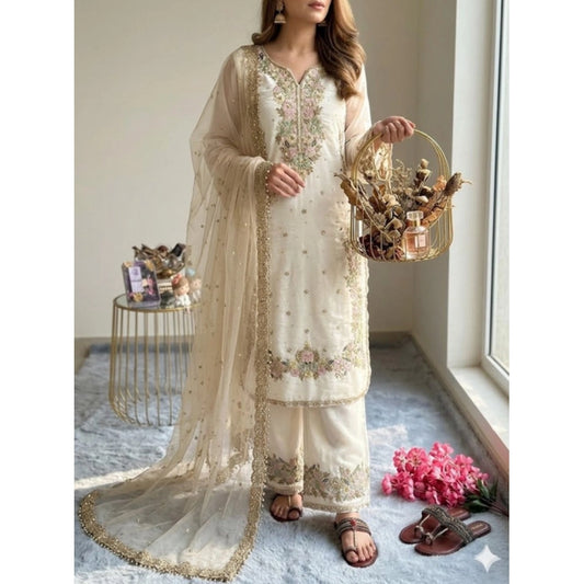 Women's White Silk Embroidered Kurti with Palazzo & Dupatta Set