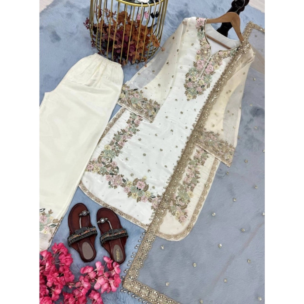 Women's White Silk Embroidered Kurti with Palazzo & Dupatta Set